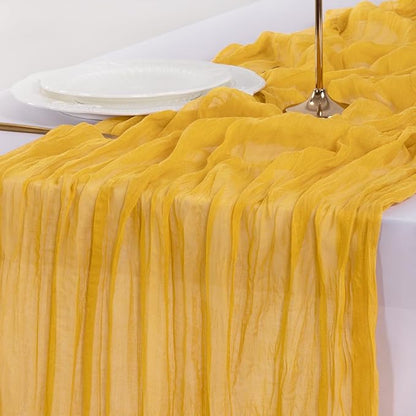 Socomi 10pcs Gold Yellow Cheesecloth Table Runner Boho Rustic Gauze 120 inch 10FT Cheese Cloth Runner for Wedding Party Baby Shower Birthday Home Decor Holiday Decorations
