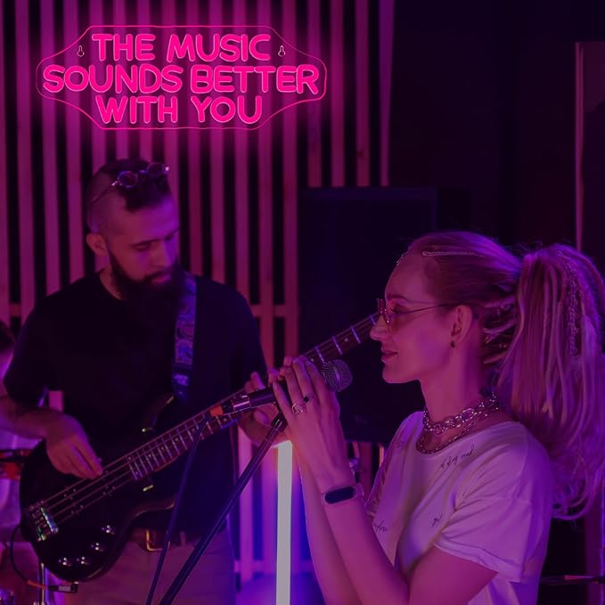 NOSUN The Music Sounds Better with You Neon Sign Romance Neon Signs for Wall Decor Led Neon Sign Aesthetic Room Decor for Teen Girls Neon Lights Signs for Bedroom Salon Party Pink Light