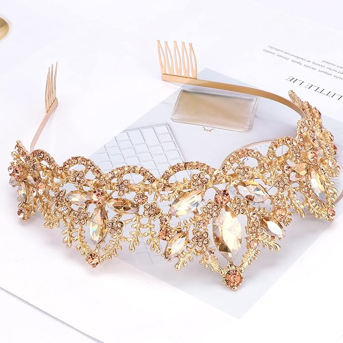 Gold Tiara for Women Champagne Crown for Girls with Comb Wedding Princess Birthday Crystal Rhinestones Headbands for Prom Bridal Party Halloween Costume Christmas Gift