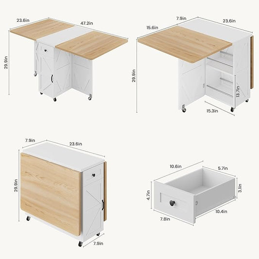 Space Saving Folding Dining Table for 2-4, Farmhouse Foldable Dining Table with Drawer and Storage Shelf, 6 Wheels Drop Leaf Kitchen Dining Room Table for Small Space (Natural, 47.2" x 23.6" x 29.9")