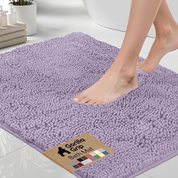 GORILLA GRIP Bath Rug Mat 30x20, Thick Soft Absorbent Chenille, Quick Dry Microfiber Mats, Rubber Backing Washable Shower Floor Rugs, US Designed Bathroom Bathmat Home Decor Accessories, Light Purple