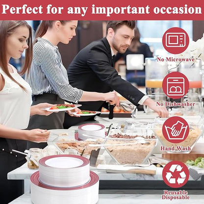 100PCS Reddish Brown Disposable Plastic Plates Include 50PCS 10.25inch Dinner Plate and 50PCS 7.5inch Dessert Plate Heavy Duty Plastic Dinnerware for Party Wedding Anniversary New Year