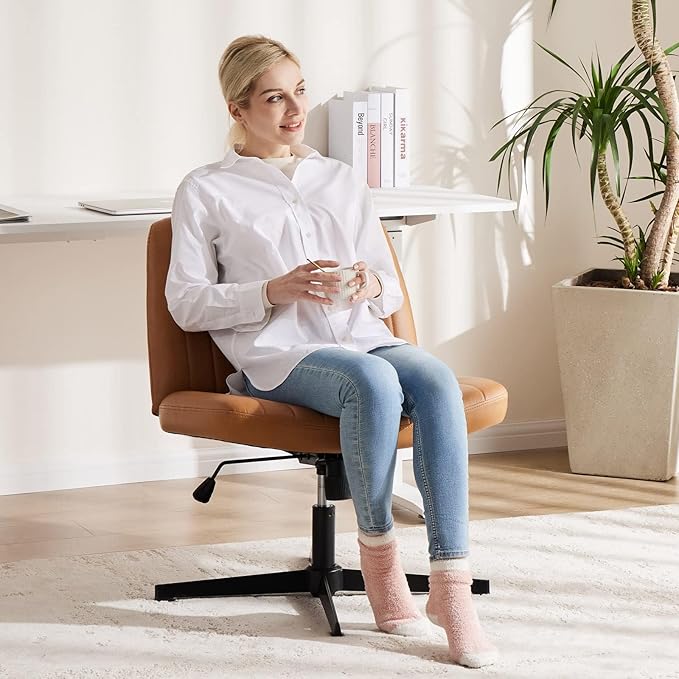 OLIXIS Criss Cross Legged Chairs Armless No Wheels Wide Seat Height Adjustable Swivel Padded PU Leather Home Office Desk Seating for Bedroom, Student, Study Room