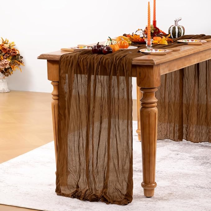 Brown Cheesecloth Table Runner Tan 10 Pack Christmas Table Runners Boho Gauze 120 Inches Marron Cheese Cloth Table Decor for Xmas Holiday Season Parties Wedding Bridal Baby Shower Tea Party