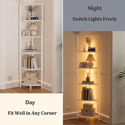 Furnulem 6 Tier Corner Shelf with LED Light, 67.5” Tall Standing Shelf Organizer, White Narrow Bookshelf with Storage Rack for Wall Corner, Living Room, Bedroom, Metal Frame, Wood Display Shelf