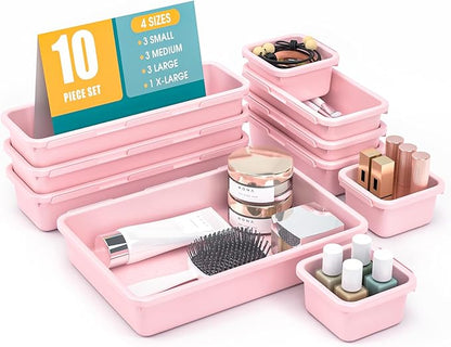 10 PCS Drawer Organizer Set, 4 Size Makeup Drawer Divider Organizer With Non-Slip Pads, Interlocking Plastic Storage Bins for Office,Jewelry Vanity,Gadgets, Bathroom,Kitchen, Pink