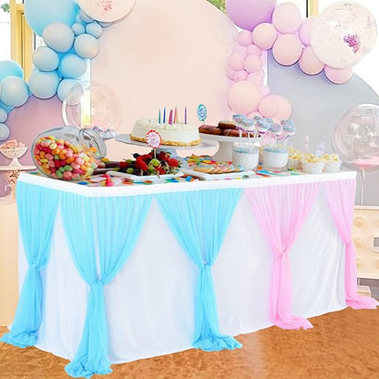 Pink Blue Tulle Table Skirts Gender Reveal Tutu Table Skirt Baby Shower Tablecloth for Girl Boy Birthday Party Cake Dessert Banquet Table Decorations 14ft