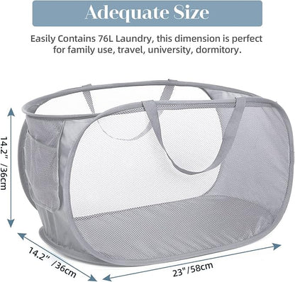 4 Pack Foldable Laundry Basket Hamper, Collapsible Laundry Baskets with Pocket, Mesh Pop Up Laundry Hamper, Clothes Hamper with Reinforced Handles for Laundry, Bathroom, Kids Room, Dorm or Travel