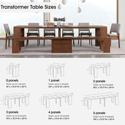 Transformer Table - Solid Wood Extendable Dining Table, Seats 2-12, Expandable Dining Room Table, Space-Saving Furniture, Expandable Dining Furniture, Brown (Table Only)