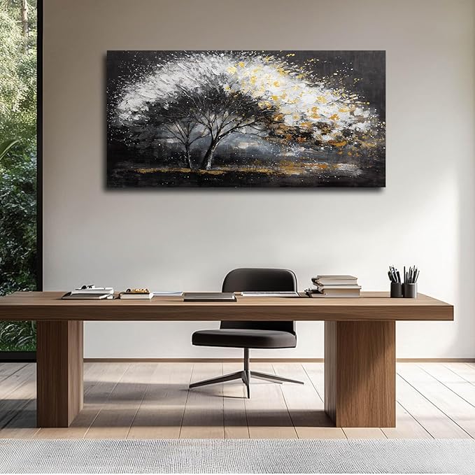 White and Gold Wall Art Tree Wall Decor Contemporary Landscape Canvas Art for Living Room Black Framed Wall Prints for Bedroom Office 24x48 Inch