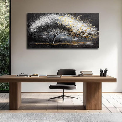 White and Gold Wall Art Tree Wall Decor Contemporary Landscape Canvas Art for Living Room Black Framed Wall Prints for Bedroom Office 24x48 Inch