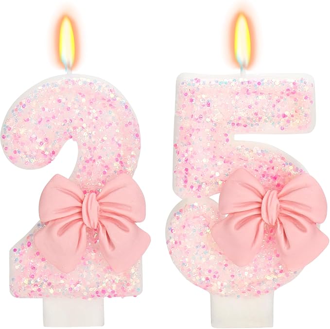 25th Birthday Number Cake Candles, Pink Bow, Modern Style, 3" Tall, Smokeless Wax, Non-Toxic, Perfect for Birthdays