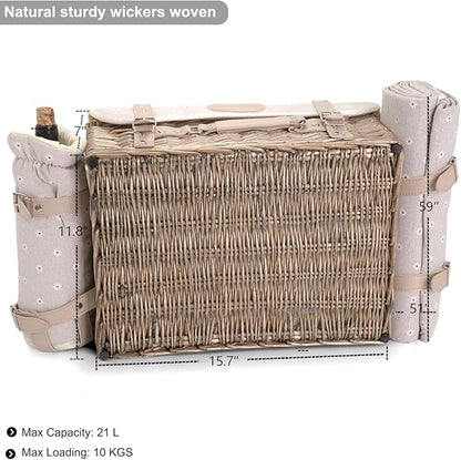 Multifunctional Wicker Picnic Basket Set for 2 with Blanket and Picnic Table, Insulated Picnic Set with Full Tablewares for Camping Outdoor Couples, Flowers