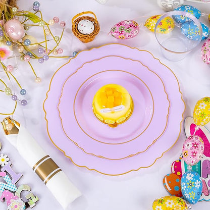 Liacere 350PCS Purple Plastic Plates - Disposable Light Purple and Gold Plates 50guest Baroque Plastic Dinnerware include 100Plates,50Pack Pre Rolled Napkins with Silverware 50Cups for Valentine’s Day