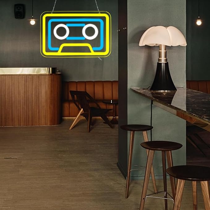 Retro Cassette Neon Sign Vintage Yellow USB Mood Light Music Studio Gaming Room Bar Bedroom Decor