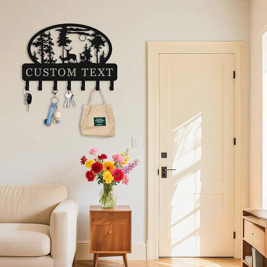 Personalized Key Holder for Wall, Decorative Key Rack with 5-12 Hooks, Rustic Deer Cabin Decor, Key Holder Wall Mounted for Bedroom, Kitchen, Entryway, Home Decor Aesthetic (06-Deer)