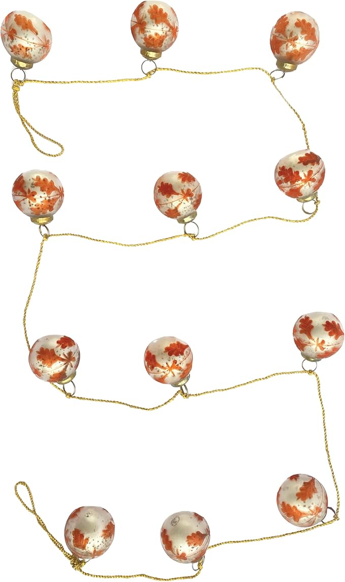 Creative Co-Op Etched Mercury Glass Ball Ornament Garland with Gold Cord, Matte Silver Finish and Coral Color
