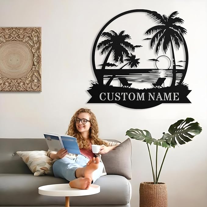 Custom Beach Metal Sign - Personalized Family Name Sign, Tropical Palm Trees Sign, Custom Last Name Sign, Beach Coastal Lake House Decor, Gift for Mother's Day, Housewarming Wedding Outdoor Patio Pool