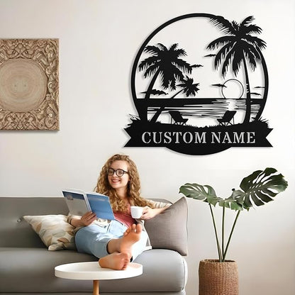 Custom Beach Metal Sign - Personalized Family Name Sign, Tropical Palm Trees Sign, Custom Last Name Sign, Beach Coastal Lake House Decor, Gift for Mother's Day, Housewarming Wedding Outdoor Patio Pool