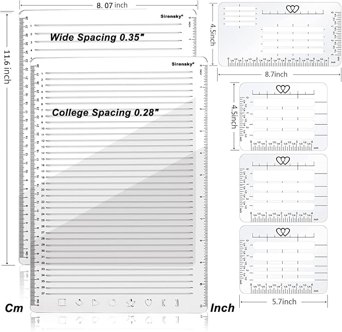 Straight Line Stencil Templates and Envelope Addressing Guide Set of 6, Line Drawing Stencil Lettering Guide, College Ruled 9/32" and 0.35" Spacing (Inch and cm)