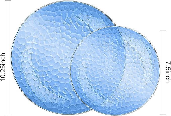 Rubtlamp 100 Pcs Blue Plastic Plates, Blue Heavy Duty plastic Plates, Clear-blue Fancy Disposable Plates, Hammered Plastic plates Include 50 Pcs Dessert Platos, 50 Pcs Dinner Platos for Party