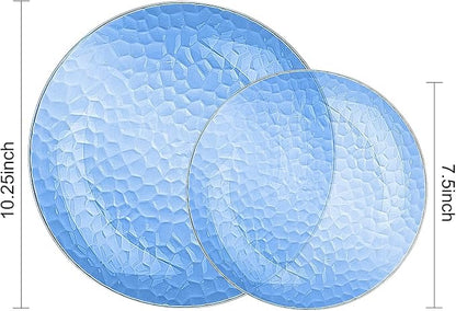 Rubtlamp 100 Pcs Blue Plastic Plates, Blue Heavy Duty plastic Plates, Clear-blue Fancy Disposable Plates, Hammered Plastic plates Include 50 Pcs Dessert Platos, 50 Pcs Dinner Platos for Party