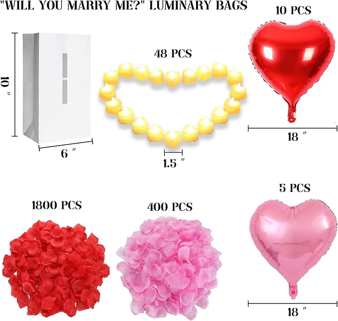 PUEDO SER TU NOVIO? Lighted Letters Sign 17pcs Luminary Paper Bags 2200pcs Red Pink Artificial Rose Petals 48pcs Flameless LED Candle Tealight 15pcs Heart Balloons Romantic Night Valentine's Day