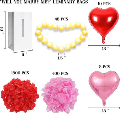 PUEDO SER TU NOVIO? Lighted Letters Sign 17pcs Luminary Paper Bags 2200pcs Red Pink Artificial Rose Petals 48pcs Flameless LED Candle Tealight 15pcs Heart Balloons Romantic Night Valentine's Day