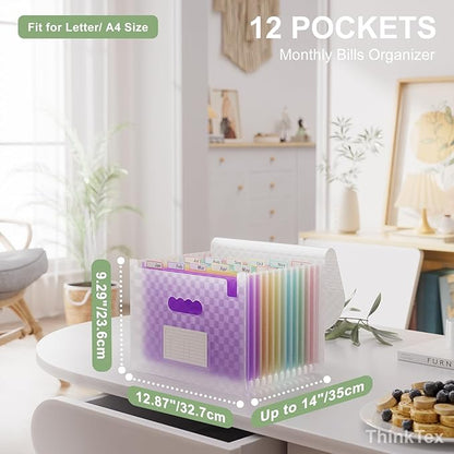 ThinkTex Accordion File Organizer, 12 - Pocket Expanding File Folders for Paper Receipts, Bills & Taxes Organizer, Letter/A4 Size Document Holder for School, Office, Home with tabs-Purple