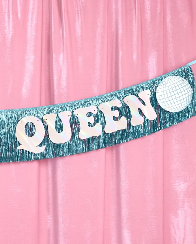 xo, Fetti Dancing Queen Fringe Banner - Iridescent & Blue Fringe, 5 Ft. | Disco Bachelorette Decorations, 70s Backdrop, Groovy Birthday Party, Boogie Bach Backdrop