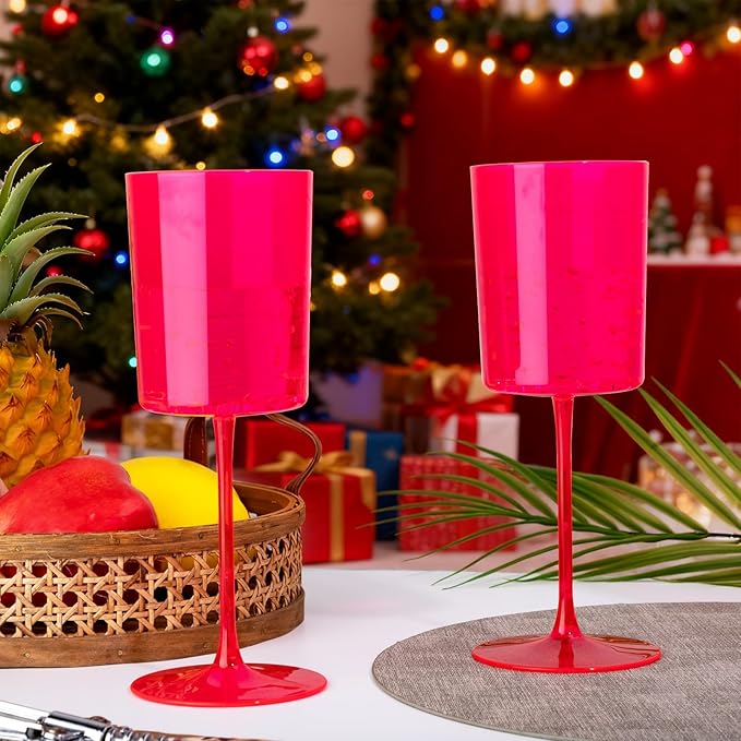 Ciaell 12 Pack Plastic Wine Glasses - 14Oz Hot Pink Plastic Wine Glasses With Stem - Disposable Stemmed Cups for Parties & Weddings