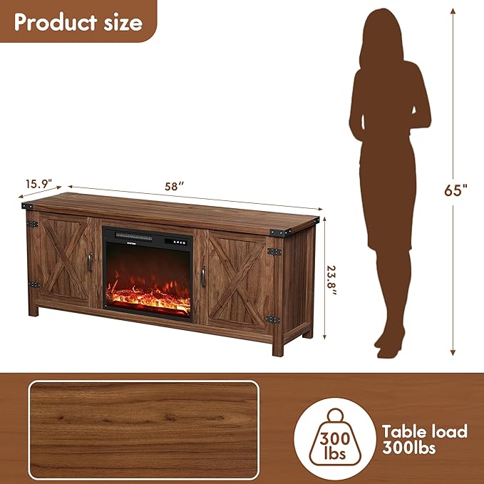 YESHOMY Fireplace TV Stand with Two Barn Doors and Storage Cabinets for Televisions up to 65+ Inch, Entertainment Center Console Table, Media Furniture for Living Room, 58 Inch, Walnut