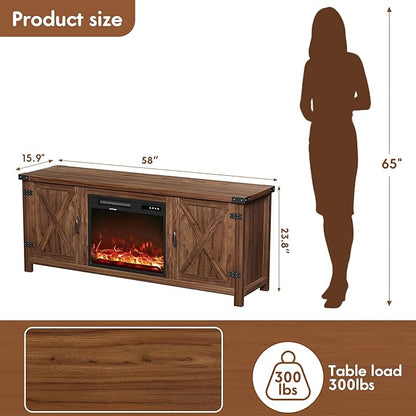YESHOMY Fireplace TV Stand with Two Barn Doors and Storage Cabinets for Televisions up to 65+ Inch, Entertainment Center Console Table, Media Furniture for Living Room, 58 Inch, Walnut