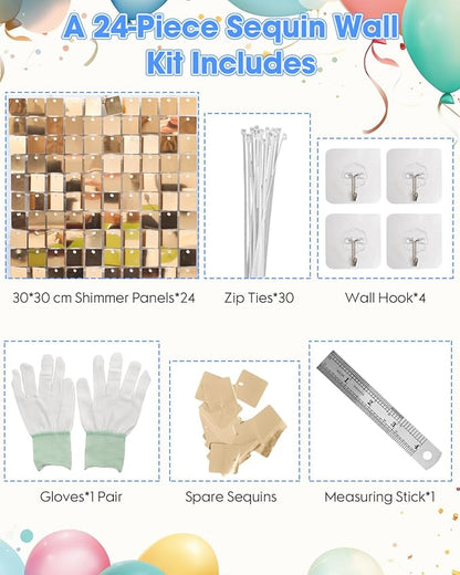 Light Gold Shimmer Wall Backdrop 24 Panels Cover 6 x 4 Ft, Photo Backdrops for Wedding,Anniversary,Birthday,Party Decoration