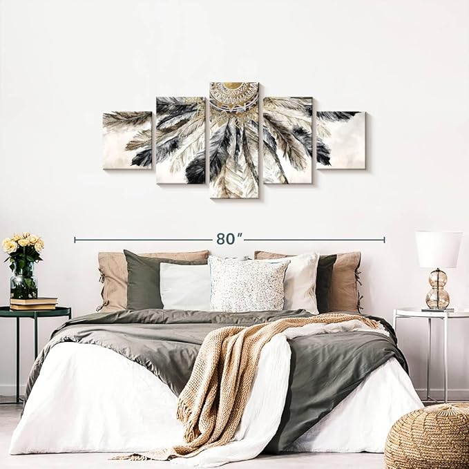 ElephantStock - Necklace Of Feathers Iii Wall Art - Horizontal Multi Panel Canvas - 5 Piece Living Room Wall Decor - Painting Multi Piece Wall Art - Brown And Gray Decor by Eva Watts - 68" x 30"