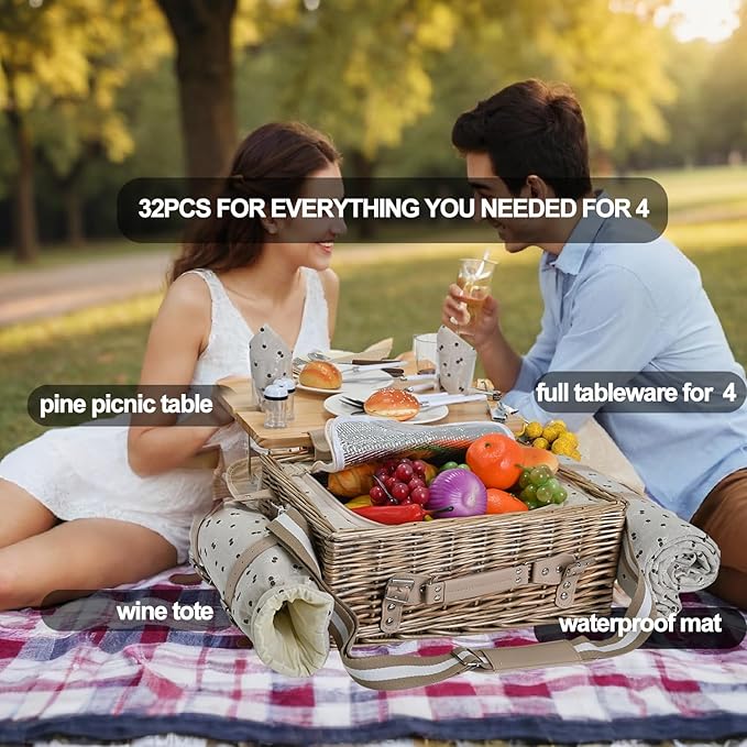 Multifunctional Wicker Picnic Basket Set for 4 with Blanket and Picnic Table, Insulated Picnic Set with Full Tablewares for Camping Outdoor Couples,Cherry