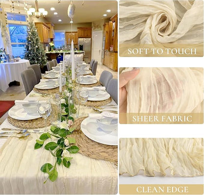 12 Packs Beige Cheesecloth Table Runner, Boho Gauze Cream Cheese Cloth Table Runner 10FT for Wedding Bridal Shower Baby Shower Birthday Christmas Home Decoration