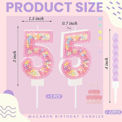 MTLEE Number 5 Birthday Candle with 12 Pcs Spiral Candles for Girls Macaron Pastel Rainbow Unicorn Pink Cake Topper for Sweet Theme Party Decoration