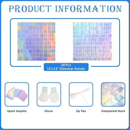Shimmer Wall Backdrop Silver Iridescent 6FTx4FT Square Sequin Wall Panel Backdrop Decor for Wedding Anniversary Birthday Party, 24 Panels