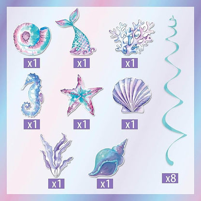 Little Mermaid Party Decorations Streamers - 16Pcs Under The Sea Classroom Hanging Swirl Ceiling Decor,Pool Beach Ocean Underwater Girls Birthday Summer Baby Shower Banner Supplies Hugtmr
