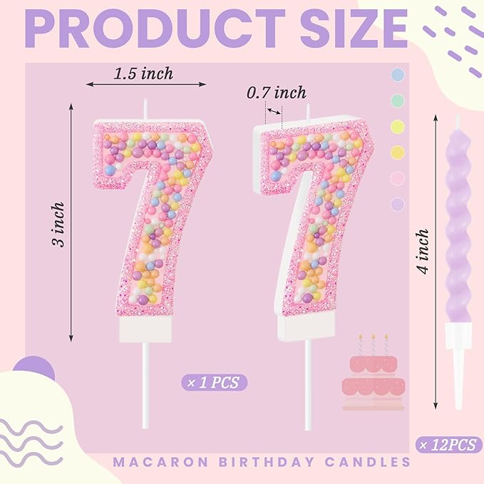 MTLEE Number 7 Birthday Candle with 12 Pcs Spiral Candles for Girls Macaron Pastel Rainbow Unicorn Pink Cake Topper for Sweet Theme Party Decoration