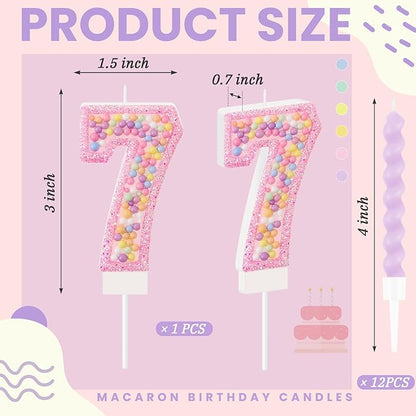 MTLEE Number 7 Birthday Candle with 12 Pcs Spiral Candles for Girls Macaron Pastel Rainbow Unicorn Pink Cake Topper for Sweet Theme Party Decoration