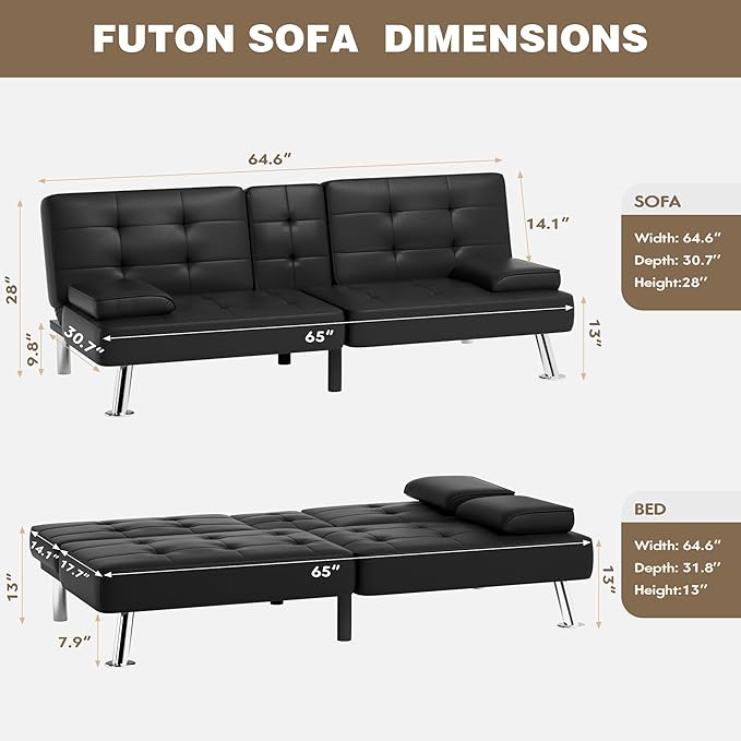 Homall Futon Sofa Bed, Leather Futon Couch with Removable Armrests, Adjustable Recliner Sleeper Sofa Bed with Dual Cup Holders for Living Room, Apartment, Office (Black)