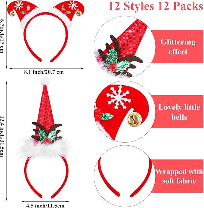 Aneco 12 Pieces Christmas Headbands Assorted Christmas Head Boppers Xmas Tree Santa Antler Reindeer Elves Hat Headband for Christmas Party