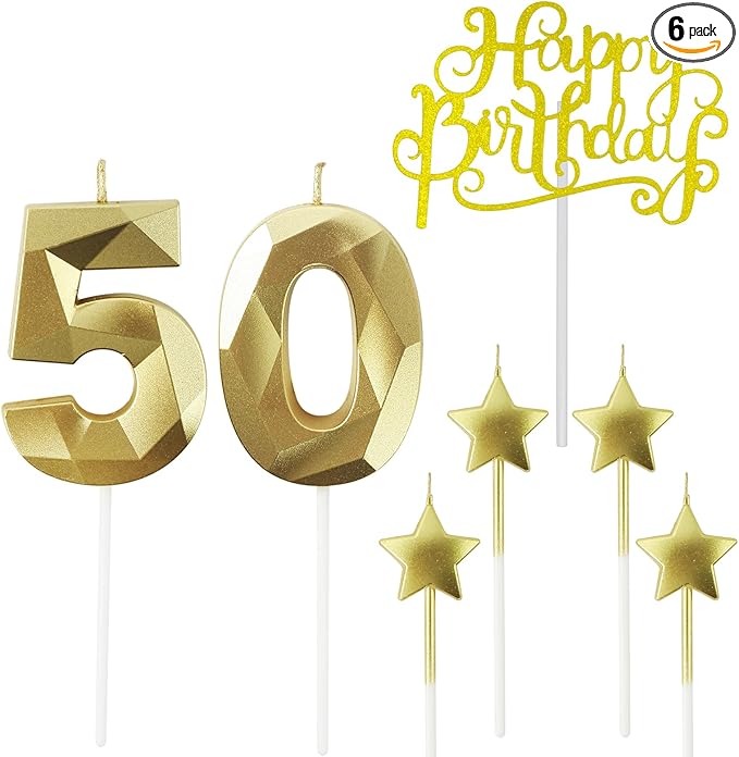 Golden Number 50 Birthday Candles and Star Birthday Candles 2.76 inch Birthday Cake Candles 3D Diamond Shaped Candles are Suitable for Birthday Parties and Anniversary Cake Decorations Candles