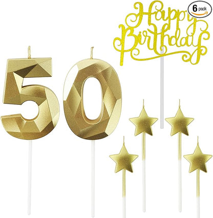 Golden Number 50 Birthday Candles and Star Birthday Candles 2.76 inch Birthday Cake Candles 3D Diamond Shaped Candles are Suitable for Birthday Parties and Anniversary Cake Decorations Candles