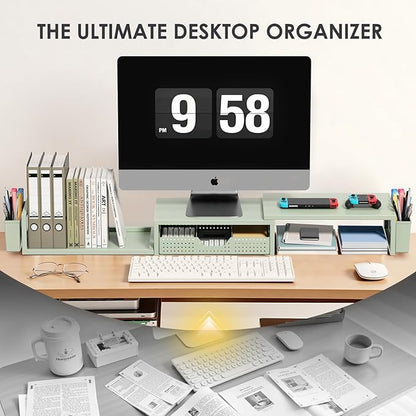 OPNICE Desk Organizers and Accessories, Dual Monitor Stand Riser with Drawer and 2 Pen Holders, Desk Shelf Metal Computer Monitor Stand for Office Workspace Organizers, Desktop Organization (Green Metal)