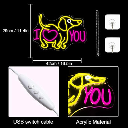 Lucunstar Dog Neon Sign I Love You Neon Signs for Wall Decor Dog LED Light for Pet Shop Wall USB Connectivity Adjustable Brightness Pink LED Sign for Party Decor Gifts for Animal Lover Valentine's Day