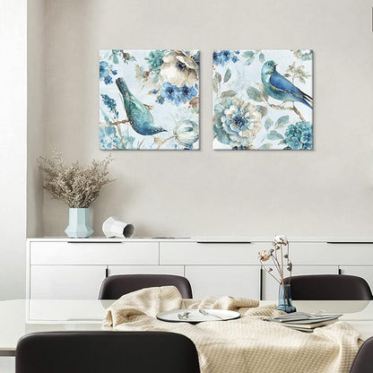 SEVEN WALL ARTS Birds and Flowers Canvas Wall Art 2 Pieces Print Picture Abstract Navy Blue Birds on Blossom Floral Tree Painting Garden Themed Artwork for Bedroom Living Room Office Painting Photo