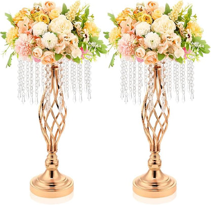 Wesiti 2 Pcs Crystal Gold Flower Stand Elegant Metal Flower Arrangement Stand with Chandelier Crystals 17.7" Tall Gold Vase for Centerpieces Wedding Reception Hotel Favor